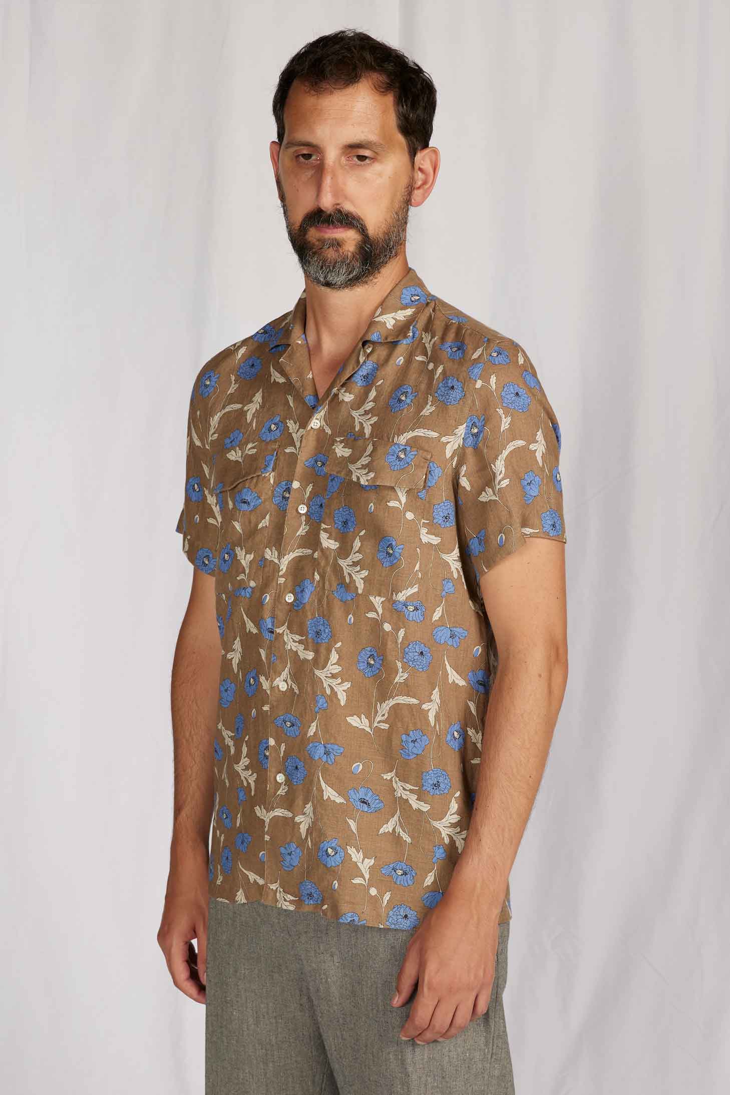 CAMP COLLAR linen brown printed 4114